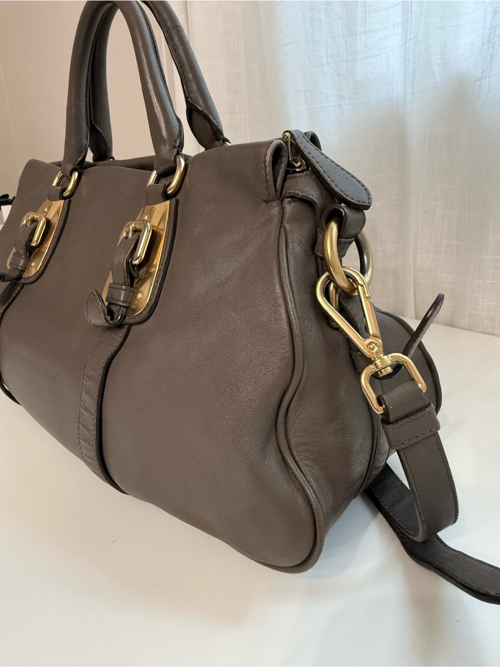 Prada Taupe Gray Leather Satchel Crossbody Bag with Gold Hardware Vitello Daino - Picture 8 of 15